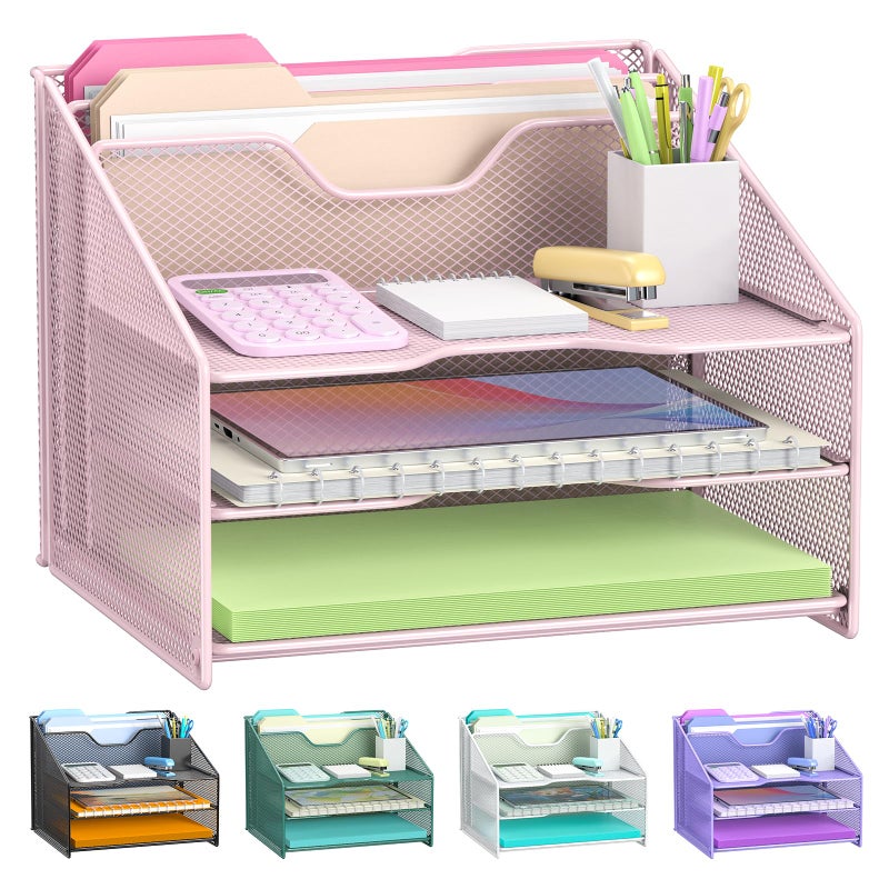 Samstar Pink Desk File Organizer, Mesh Letter File Folder Holder with 3 Paper Trays and 2 Vertical Upright Section, for Office Supplies, Desk Accessories & Workspace, Pink - Image 1