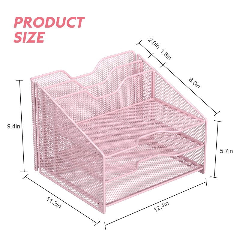 Samstar Pink Desk File Organizer, Mesh Letter File Folder Holder with 3 Paper Trays and 2 Vertical Upright Section, for Office Supplies, Desk Accessories & Workspace, Pink - Image 2