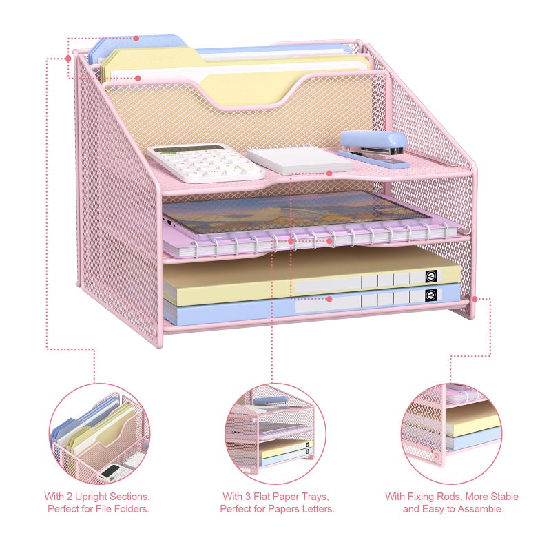 Samstar Pink Desk File Organizer, Mesh Letter File Folder Holder with 3 Paper Trays and 2 Vertical Upright Section, for Office Supplies, Desk Accessories & Workspace, Pink - Image 5