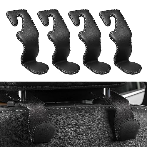 MEALAM 4 Pack Superior Leather Car Seat Headrest Hooks with 44 Pounds Load Capacity Hangers Storage Organizer Universal Car Interior Accessories for Handbags Water Bottles Umbrellas Black Red - Image 1