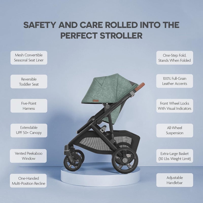 UPPAbaby Vista V3 Stroller with Bassinet - Convertible Single to Double Stroller in Gwen Green Mélange - Image 3