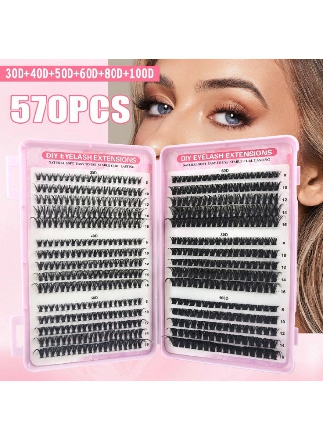 570 Pieces False Eyelashes Lash Clusters Wispy Diy Cluster Eyelash Extensions D Curl Volume Eyelash Clusters Individual Lashes Fluffy Lash Clusters(30D+40D+50D+60D+80D+100D) - Image 1