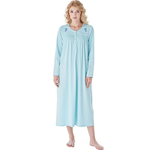 Keyocean Nightgowns for Women, Soft Cotton Comfy Lightweight Long Sleeve Ladies Sleeping-gown, Turquoise Color, Small - Image 1