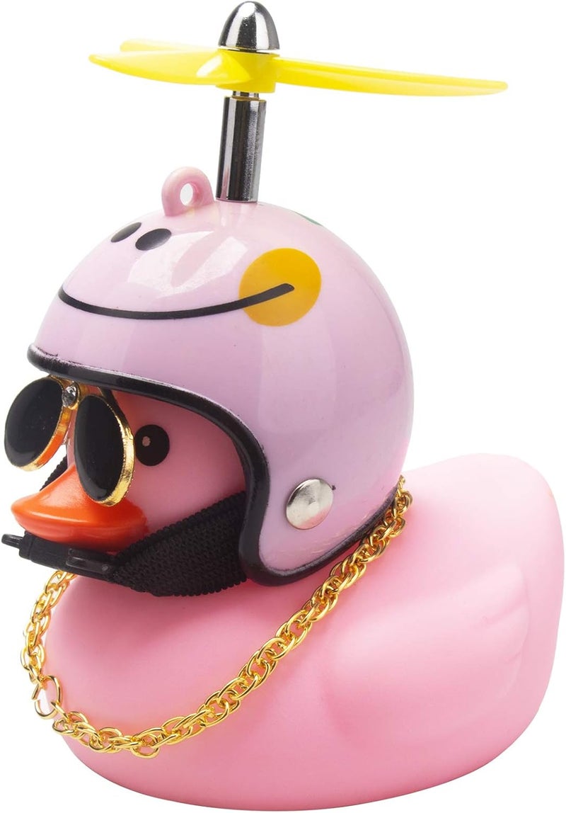 wonuu Pink Duck Car Decorations - Rubber Duck Car Ornaments with Propeller Helmet Sunglasses & Gold Chain - Image 1