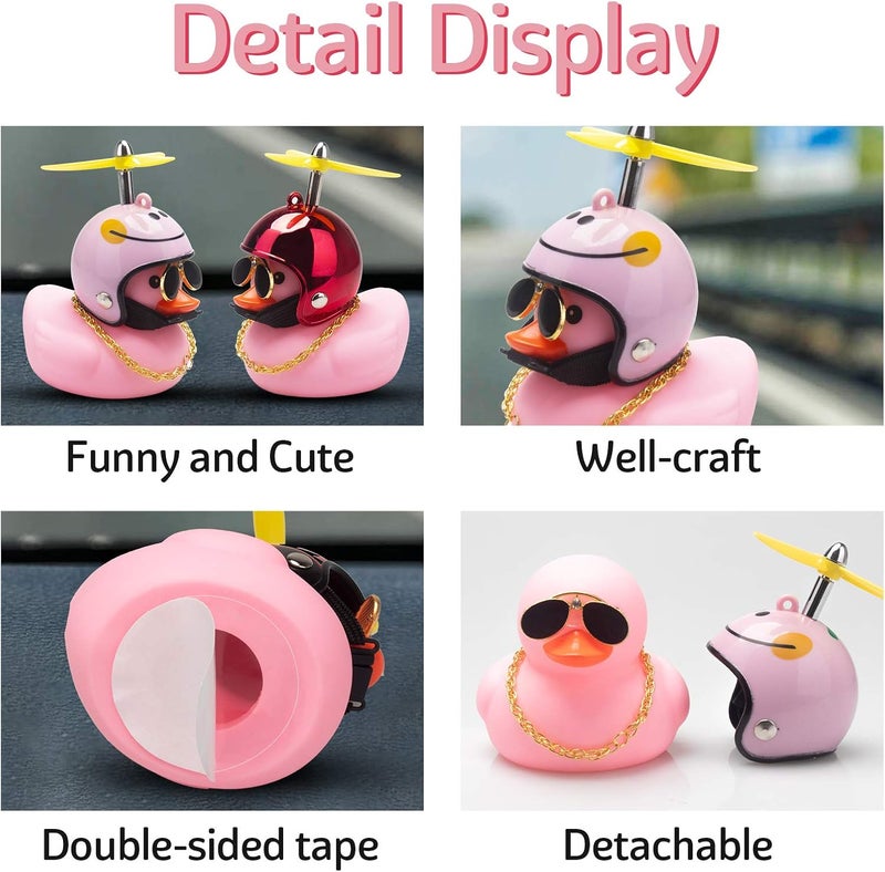 wonuu Pink Duck Car Decorations - Rubber Duck Car Ornaments with Propeller Helmet Sunglasses & Gold Chain - Image 2
