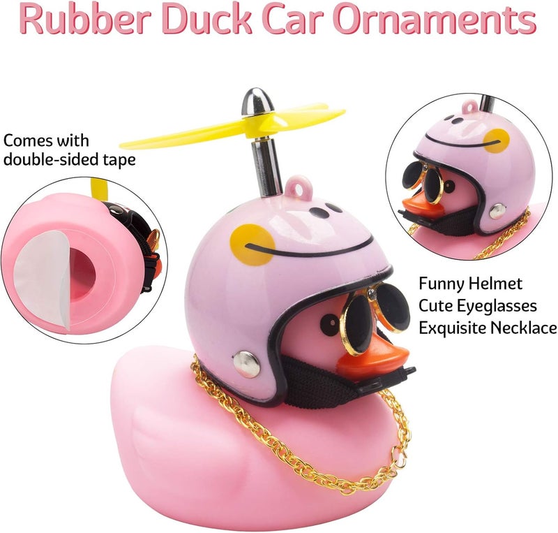 wonuu Pink Duck Car Decorations - Rubber Duck Car Ornaments with Propeller Helmet Sunglasses & Gold Chain - Image 5