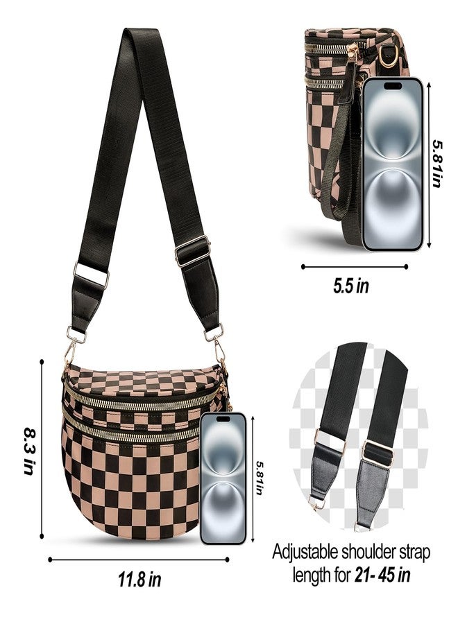 idoltimes Checkered Crossbody Bag,Nylon Bum Bags for Women Crossbody,Spacious Sling Bag Purse Fanny Packs with Shoulder Strap, Black Brown - Image 3