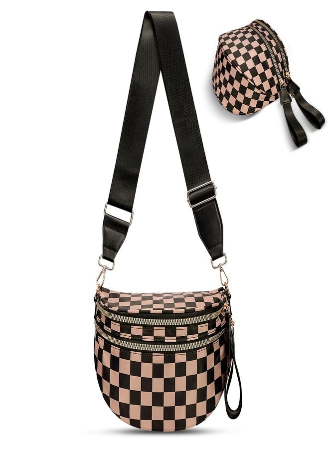 idoltimes Checkered Crossbody Bag,Nylon Bum Bags for Women Crossbody,Spacious Sling Bag Purse Fanny Packs with Shoulder Strap, Black Brown - Image 1