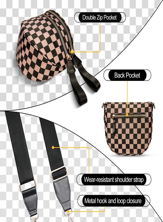 idoltimes Checkered Crossbody Bag,Nylon Bum Bags for Women Crossbody,Spacious Sling Bag Purse Fanny Packs with Shoulder Strap, Black Brown - Image 4