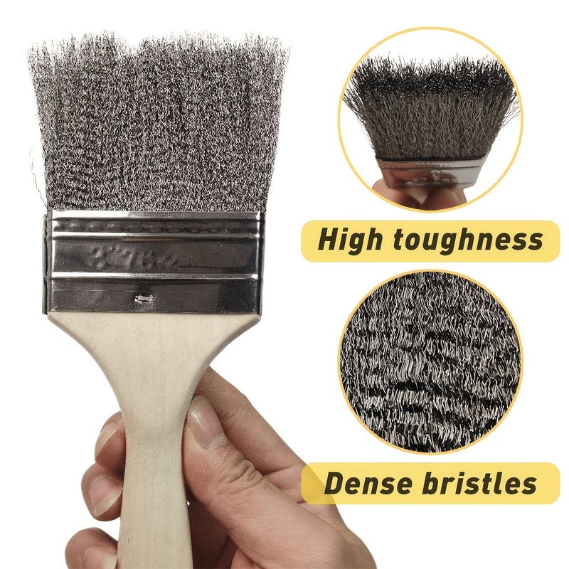 Wooden Handle Wire Brush Set 1PC Small Brush 2PCS Spatulas Cleaning Stove Grease Rust - Image 2