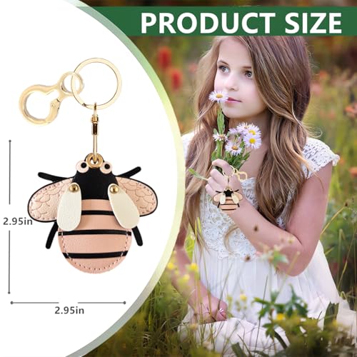 BORKUANA Leather Keychain Holder Case Compatible with AirTag,Cute Protective Cover with Keyring,Anti-Scratch Finder GPS Tracker Case for Wallet Keys,bag,pets(Bee) - Image 2