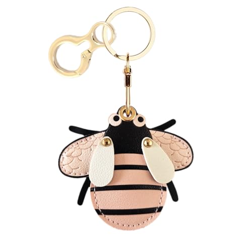BORKUANA Leather Keychain Holder Case Compatible with AirTag,Cute Protective Cover with Keyring,Anti-Scratch Finder GPS Tracker Case for Wallet Keys,bag,pets(Bee) - Image 1