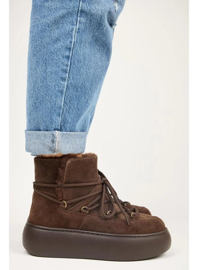 Haven Women's Genuine Leather Lace-up Fur-Trimmed Coffee Boot