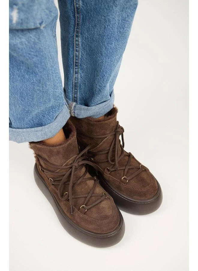 Manijero  Haven Women's Genuine Leather Lace-up Fur-Trimmed Coffee Boot for Women | Best Price UAE