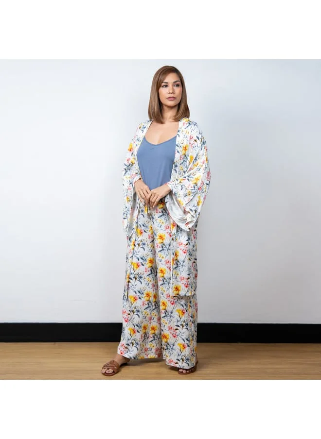 Aadaraya Aadaraya Floral Print Open Front Kaftan with Wide Leg Pants and Camisole Set