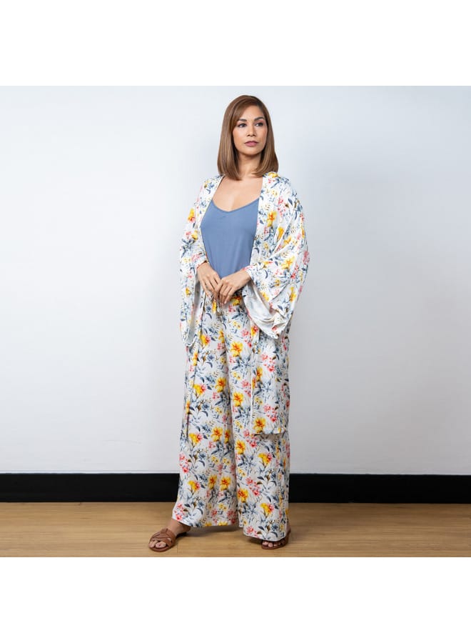 Aadaraya Aadaraya Floral Print Open Front Kaftan with Wide Leg Pants and Camisole Set - Image 1
