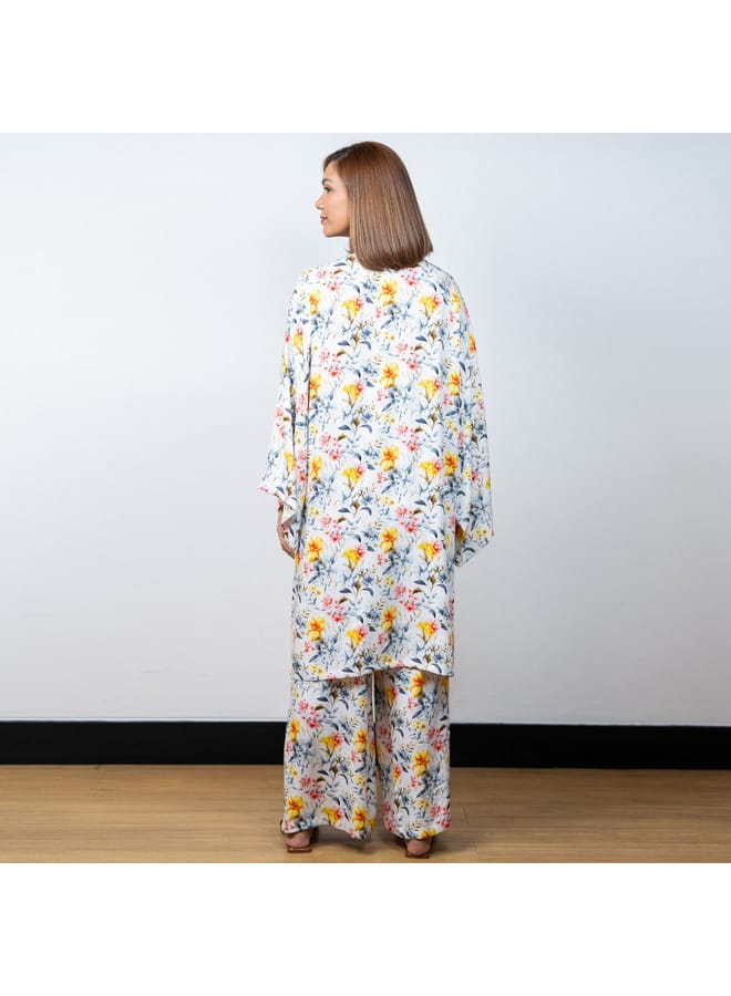 Aadaraya Aadaraya Floral Print Open Front Kaftan with Wide Leg Pants and Camisole Set - Image 4
