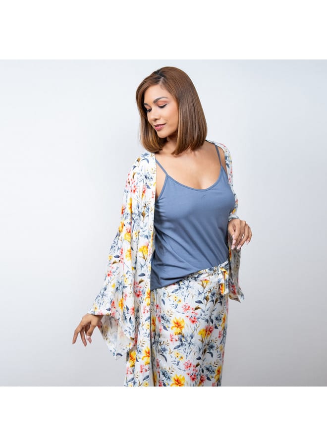 Aadaraya Aadaraya Floral Print Open Front Kaftan with Wide Leg Pants and Camisole Set - Image 2