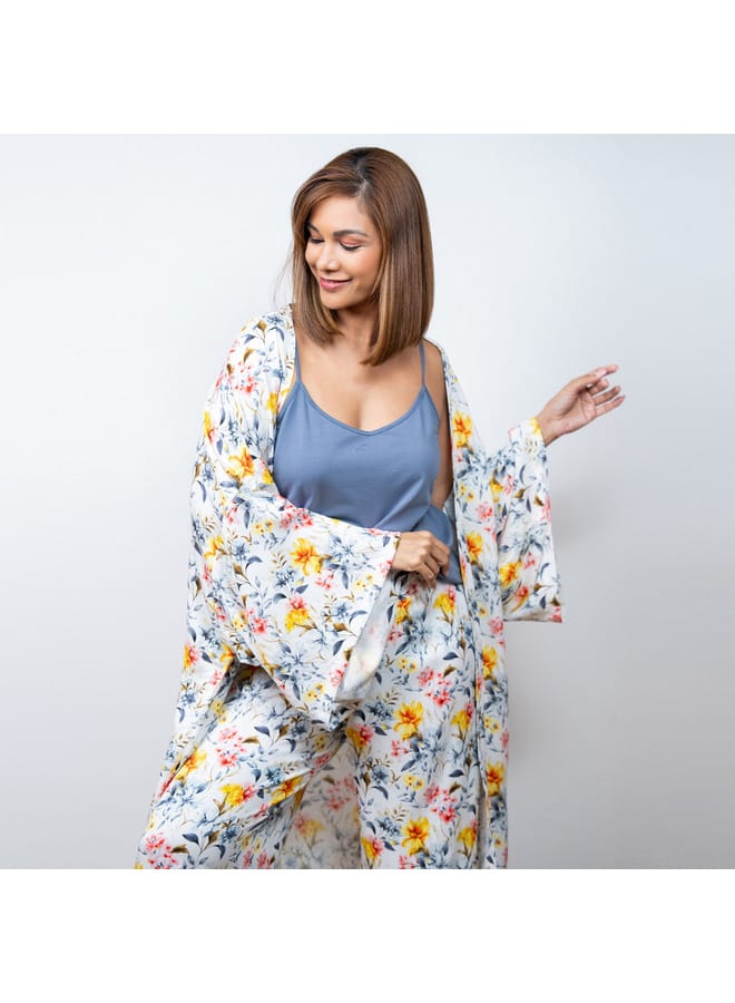 Aadaraya Aadaraya Floral Print Open Front Kaftan with Wide Leg Pants and Camisole Set - Image 3