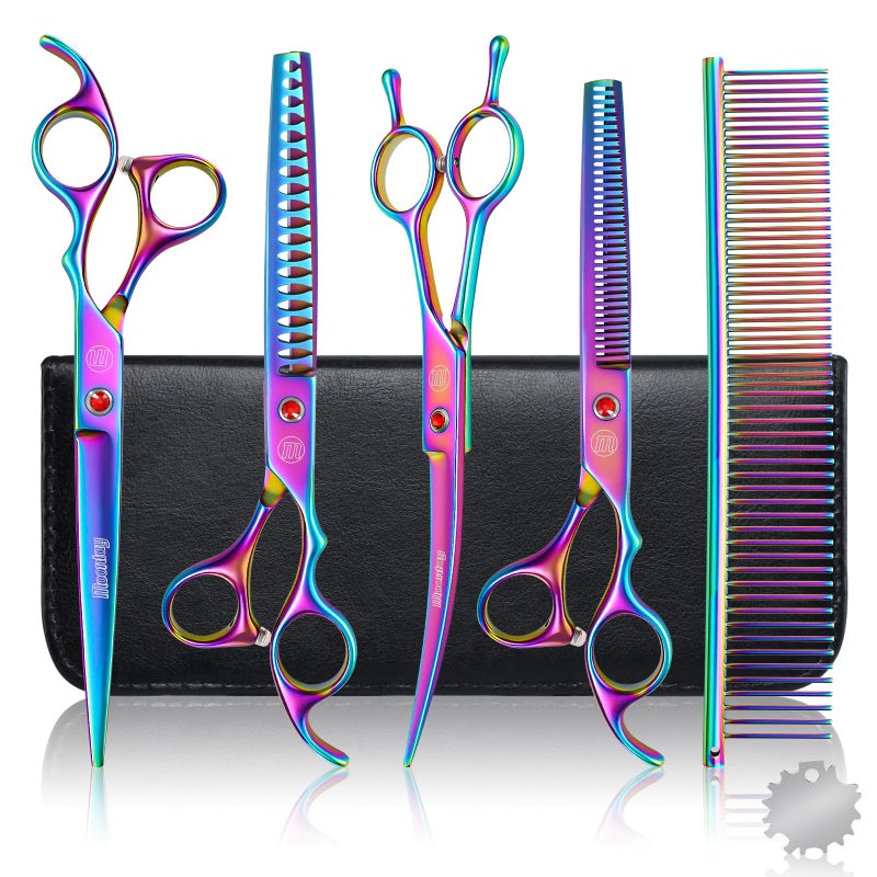Moontay Professional Dog Grooming Scissors Set, 7 Inch/8 Inch Pet Grooming Scissors Chunkers Shears for Dog, Curved Dog Grooming Scissors, Thinning Shears for Dog with Grooming Comb - Image 1