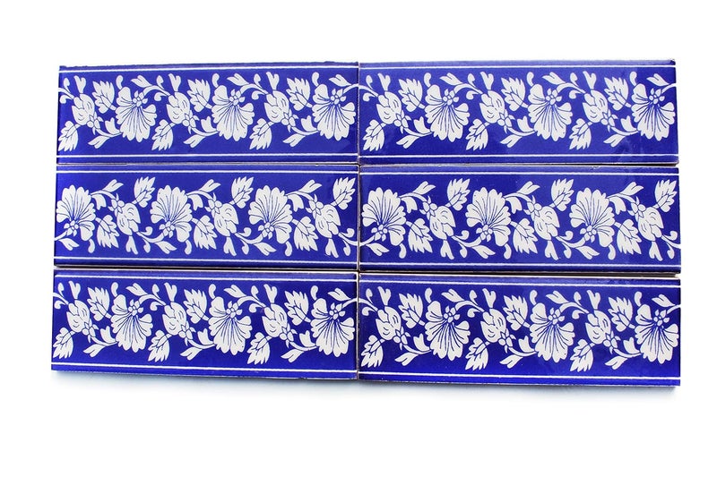 Shiv Kripa Blue Pottery Home Decor Wall Mural Mosaic Tiles Ceramic Handmade Wall Decorative Tiles 2 x 6 Inch Set of 6 Tiles Blue