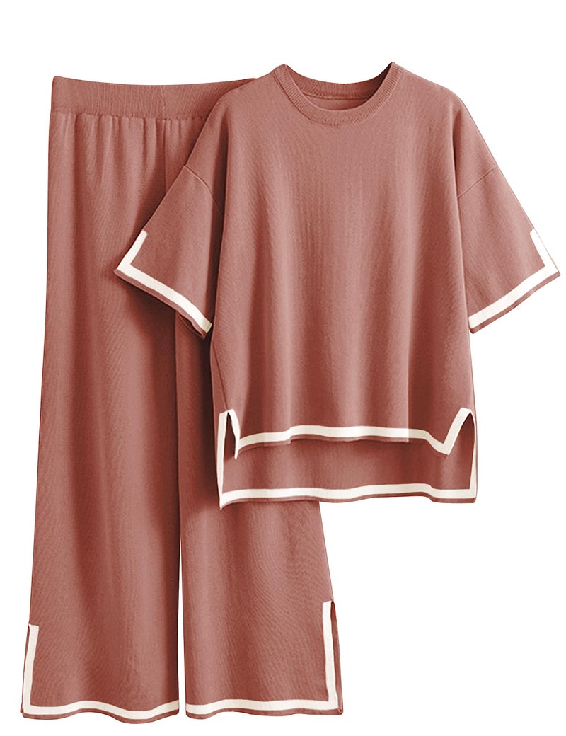 Tanming Sweater Sets Women 2 Piece Lounge Sets Short Sleeve Knit Pullover Tops Wide Leg Pants RustS