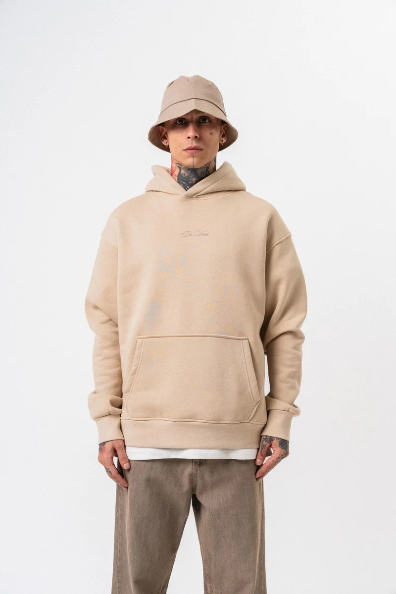 RESPIRE Men's Da Vinci Printed Hooded Oversize Hoodie Beige