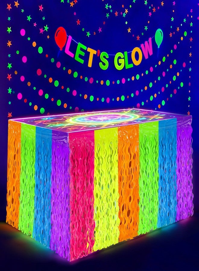 peony man 2 Pack Neon Tinsel Foil Fringe Table Skirts 108 x 29.5 Inch Glow in The Dark Party Table Decoration UV Reactive Fluorescent Wavy Tables Skirt for Glow Birthday Wedding Supplies Neon Party Decor - Image 1