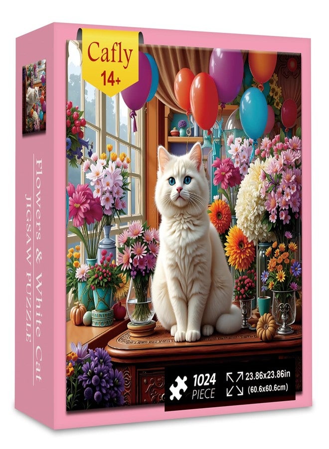 Cafly Jigsaw Puzzles for Adults 1024 Pieces - Challenging Fun Puzzles Stunning Art Wall Decor, Gift for Adult Puzzle Lovers, Family Game, Flowers & White Cat - Image 1