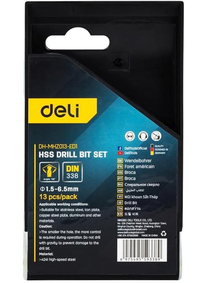 Deli HSS Drill Bit Set, 13 Pieces – High-Speed Steel for Metal Drilling - Image 1