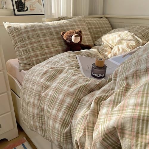 MKXI Pistachio and Pink Plaid Duvet Cover Queen, 3-Piece Vintage Aesthetic Bedding Set, 100% Washed Cotton, Breathable & Lightweight Reversible Design with Zipper Closure - Image 3