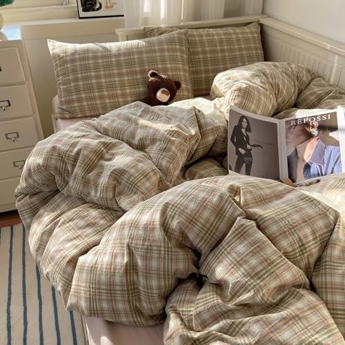 MKXI Pistachio and Pink Plaid Duvet Cover Queen, 3-Piece Vintage Aesthetic Bedding Set, 100% Washed Cotton, Breathable & Lightweight Reversible Design with Zipper Closure - Image 1