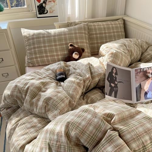MKXI Pistachio and Pink Plaid Duvet Cover Queen, 3-Piece Vintage Aesthetic Bedding Set, 100% Washed Cotton, Breathable & Lightweight Reversible Design with Zipper Closure - Image 4