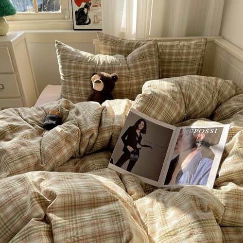 MKXI Pistachio and Pink Plaid Duvet Cover Queen, 3-Piece Vintage Aesthetic Bedding Set, 100% Washed Cotton, Breathable & Lightweight Reversible Design with Zipper Closure - Image 2