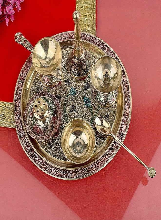 SATVIK STORE طقم صينية بوجا ساتفيك النحاسية مقاس 8 بوصات، مكون من 7 قطع، مع حامل مصباح وحامل بخور، صينية بوجا معدنية نحاسية، إكسسوارات دينية وروحانية للبوجا للمنزل والمعبد. طقم صينية بوجا كامل - Image 2