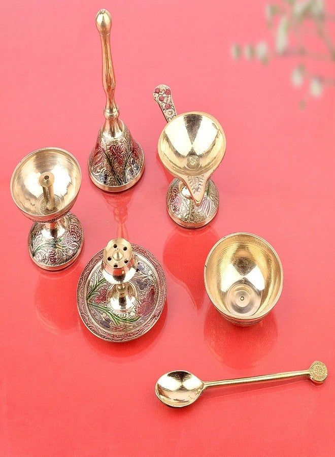 SATVIK STORE طقم صينية بوجا ساتفيك النحاسية مقاس 8 بوصات، مكون من 7 قطع، مع حامل مصباح وحامل بخور، صينية بوجا معدنية نحاسية، إكسسوارات دينية وروحانية للبوجا للمنزل والمعبد. طقم صينية بوجا كامل - Image 3