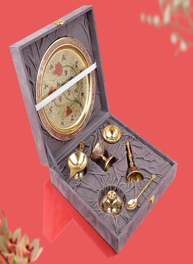 SATVIK STORE طقم صينية بوجا ساتفيك النحاسية مقاس 8 بوصات، مكون من 7 قطع، مع حامل مصباح وحامل بخور، صينية بوجا معدنية نحاسية، إكسسوارات دينية وروحانية للبوجا للمنزل والمعبد. طقم صينية بوجا كامل - Image 1