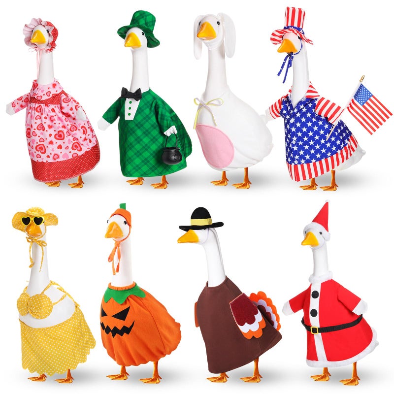 FuWeave 8 Set Holiday Mini Desk Goose Outfits Valentine St. Patrick Easter Summer 4th of July Fall Halloween Christmas Desk Geese Statue Clothing for 7 Inch Desktop Goose Table Decor Gifts - Image 1