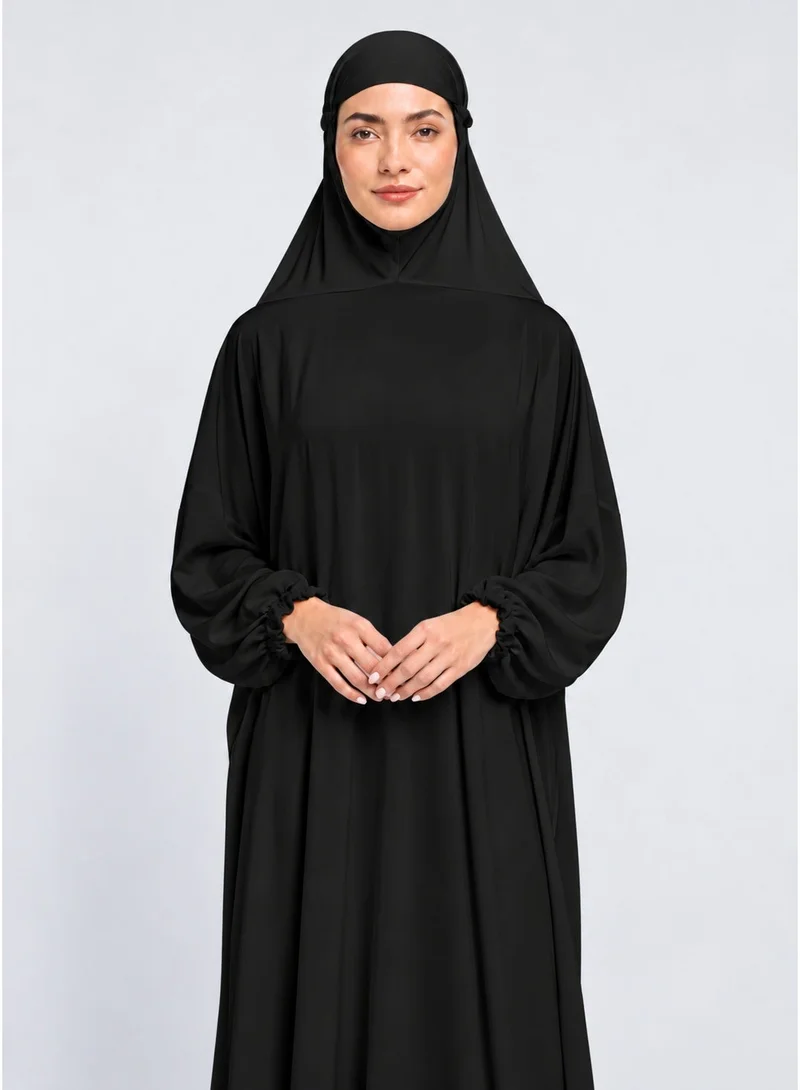 Neuness Women's Full-Length Prayer Abaya with Integrated Hijab, Harir Maqsood Fabric, Black