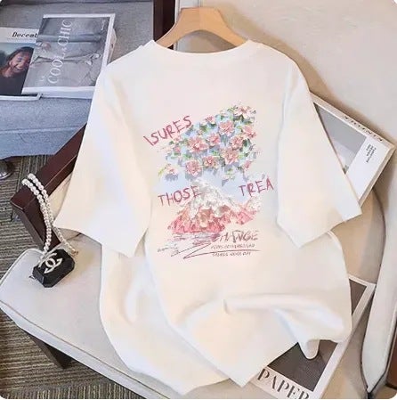 White cotton short sleeve shoulder T-shirt womens summer 2024 New loose large half sleeve top couple clothes White - Image 1