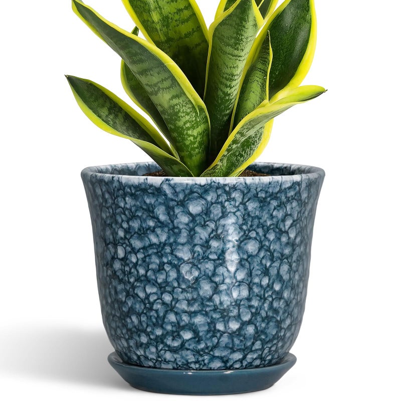 SUNPOTFOR 8 Inch Plant Pot - Ceramic Planter for Indoor Outdoor, Round Planter with Drainage Hole and Saucer, Modern Planters, Decorative Flower Pot, Garden Room Office Home Decor, Garden Gifts, Blue - Image 1