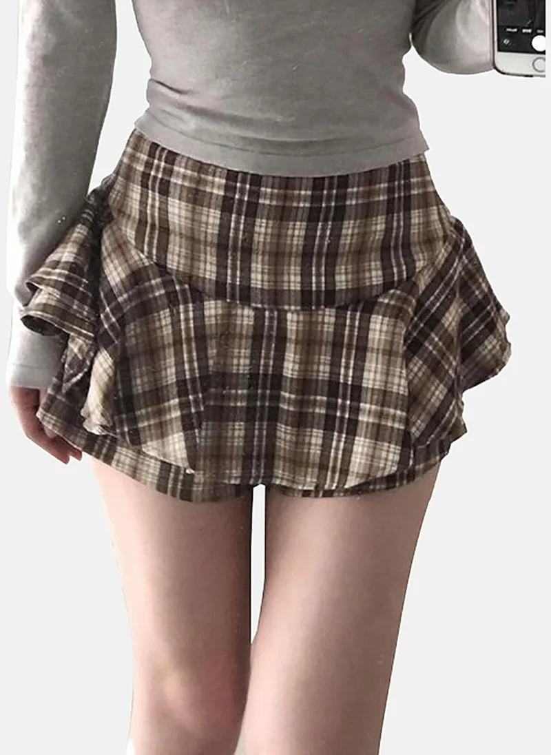 يونيكي Brown A-Line Checkered Mini Skirt