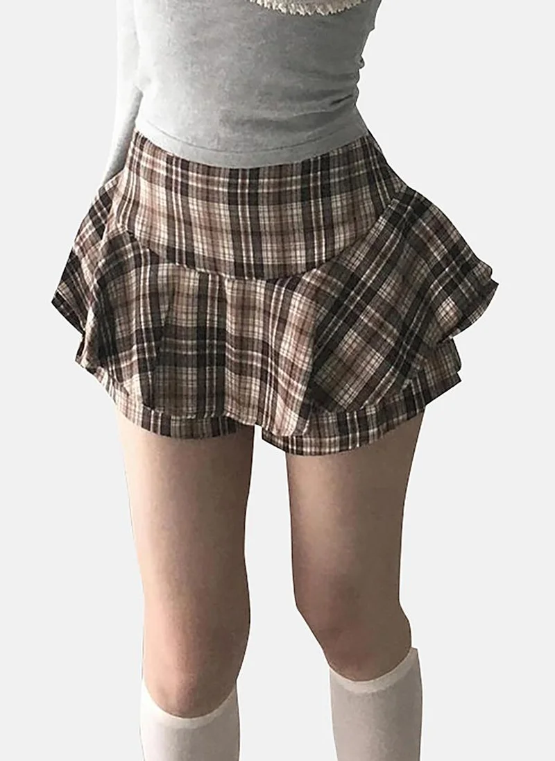 يونيكي Brown A-Line Checkered Mini Skirt