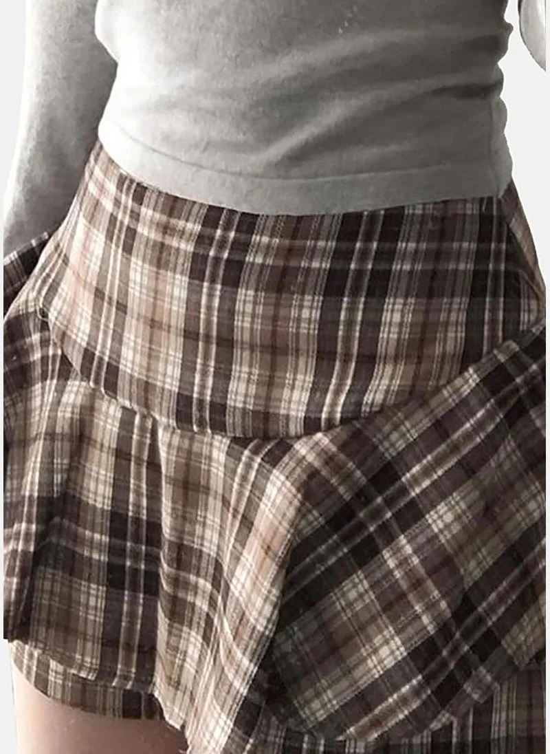 يونيكي Brown A-Line Checkered Mini Skirt