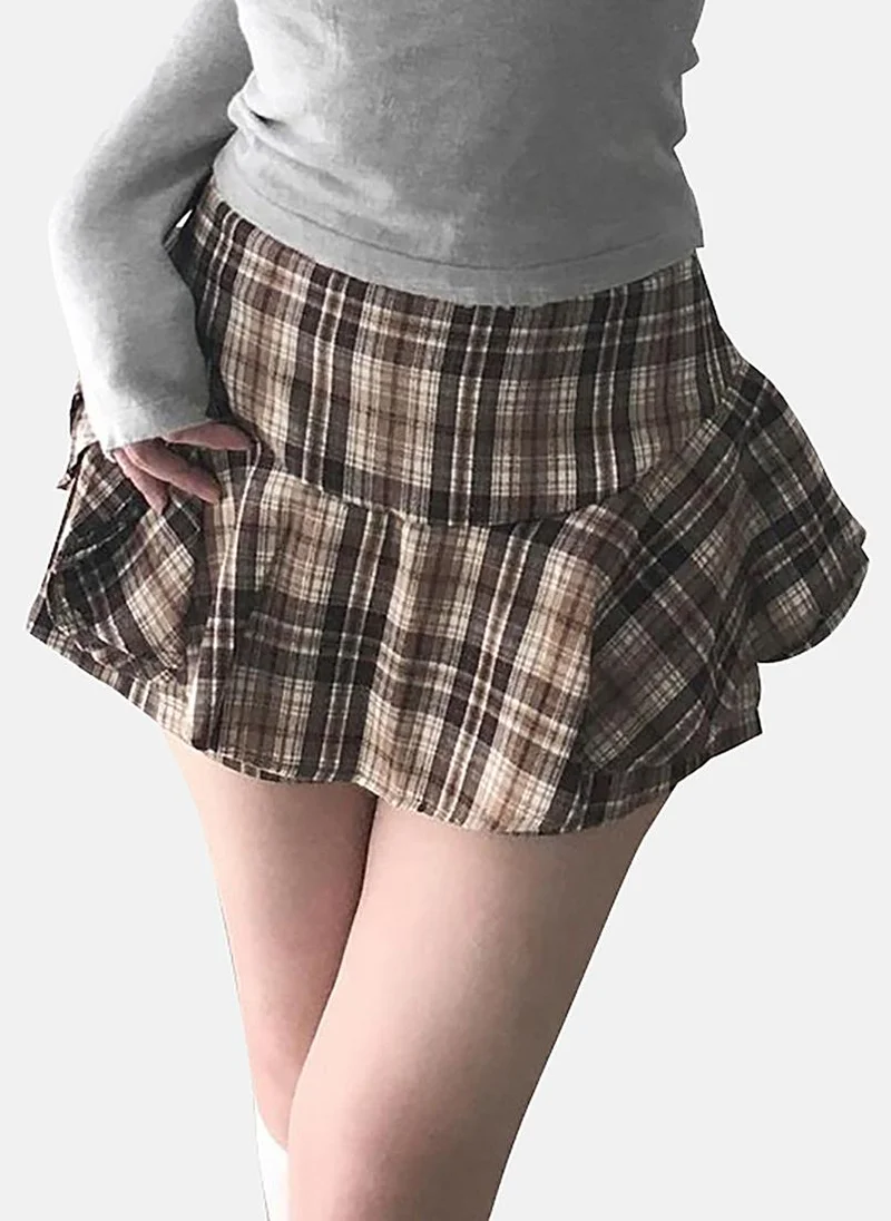 يونيكي Brown A-Line Checkered Mini Skirt