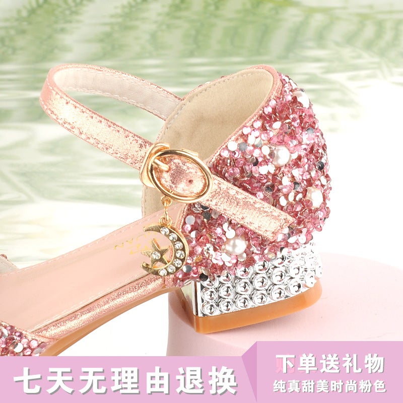 أحذية كعب عالي للأطفال مزينة بقوس كريستالي أحذية أميرة لامعة جديدة أحذية جلدية لأداء البيانو للفتيات - Image 5