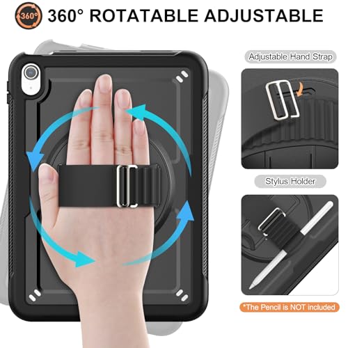Timecity Case for iPad (A16) 11th Generation 11 inch 2025/ iPad 10th Generation 10.9 inch 2022: Full-Body Protective Case with Screen Protector, 360 Rotating Stand, Hand/Shoulder Strap -Black - Image 5