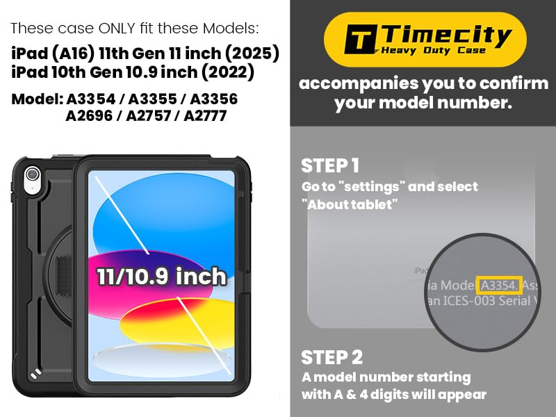 Timecity Case for iPad (A16) 11th Generation 11 inch 2025/ iPad 10th Generation 10.9 inch 2022: Full-Body Protective Case with Screen Protector, 360 Rotating Stand, Hand/Shoulder Strap -Black - Image 2