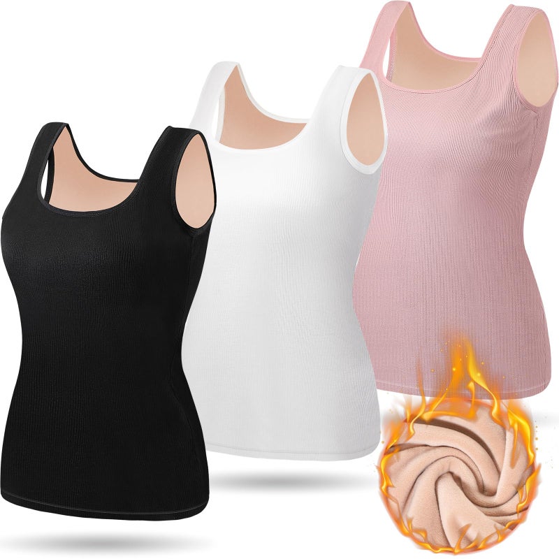 Breathffy 3 Pcs Women Thermal Tank Top - Loose Fit Plus Size Thick Warm Sleeveless Warm Fleece Lined Camis Underwear Top Base Layer (Black,White,Pink,Medium) - Image 1