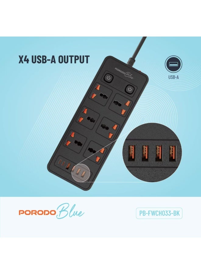 porodo Blue 6 AC Sockets Power Strip with ×4 USB-A & ×2 USB-C Ports, 3000W Rated Power, Premium Material, 3m Cable Length, UK 3-Pin Power Plug, Dual Power Switch Control, Safety Shutter, 13A Maximum Current - Black - Image 2
